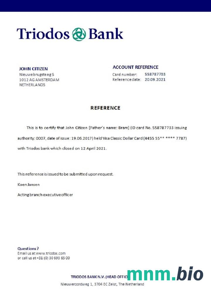 Przykład zamknięcia banku w Holandii Triodos w formatach Word i PDF